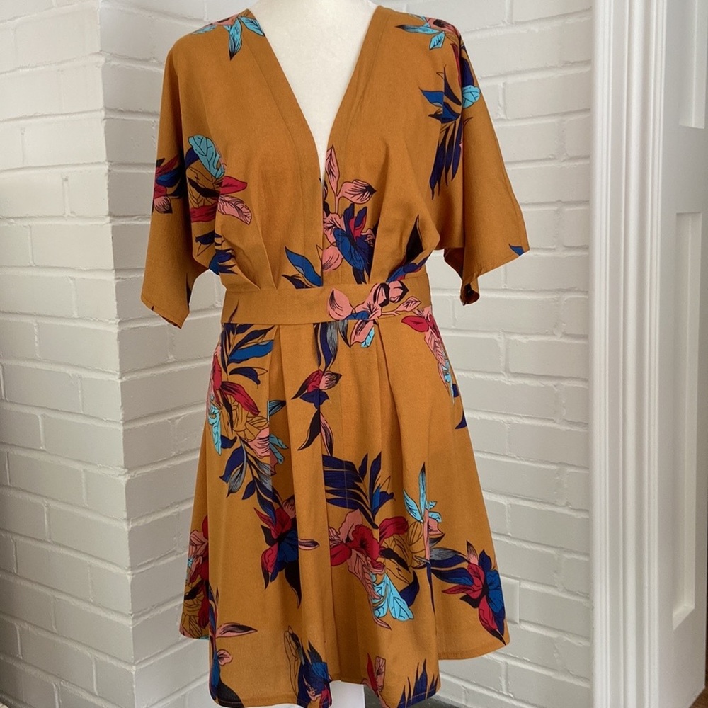 Backless Floral V-Neck Dress in Mustard